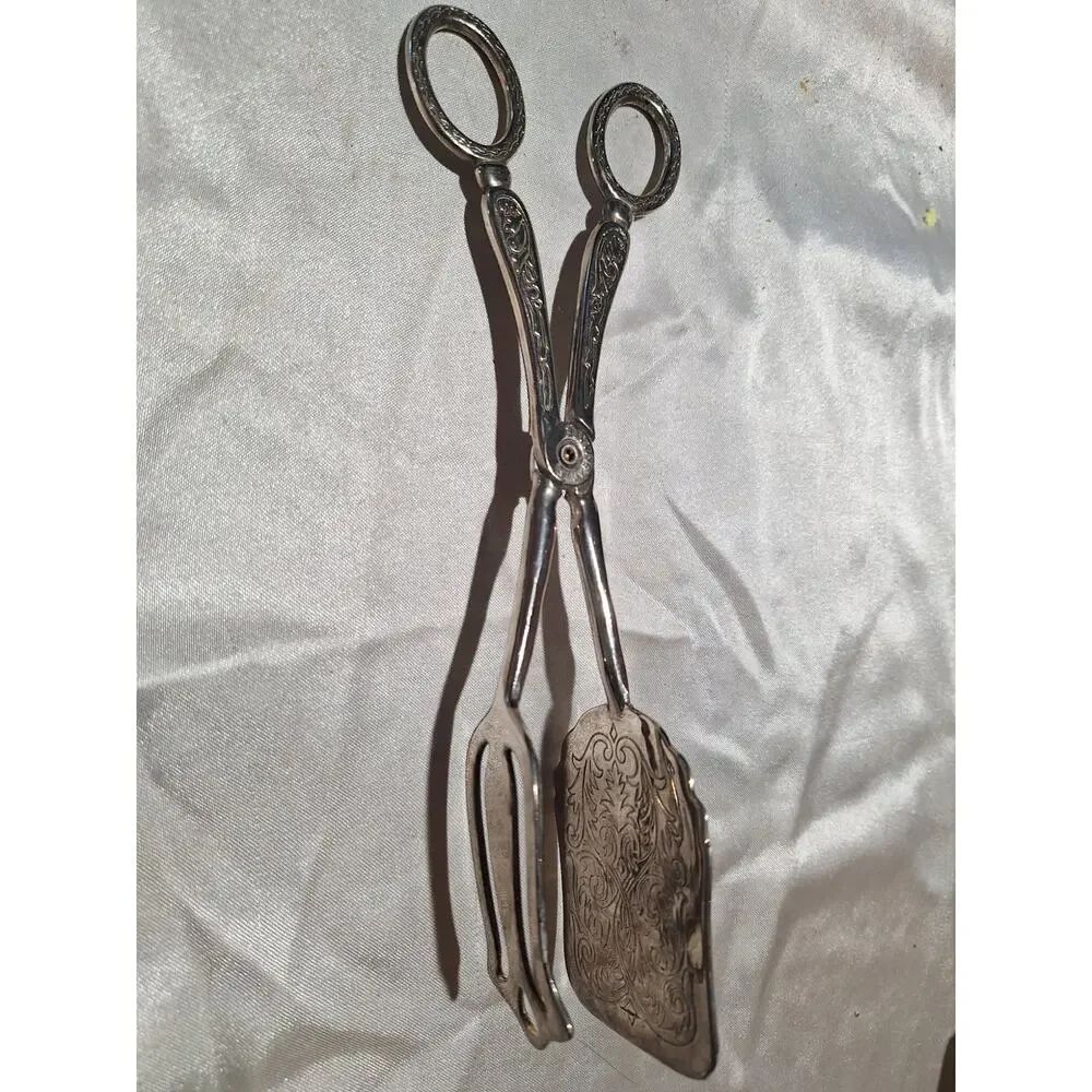 Vintage Silver Plate Scissor Pastry Tongs Engraved Cake Dessert Serving Utensil